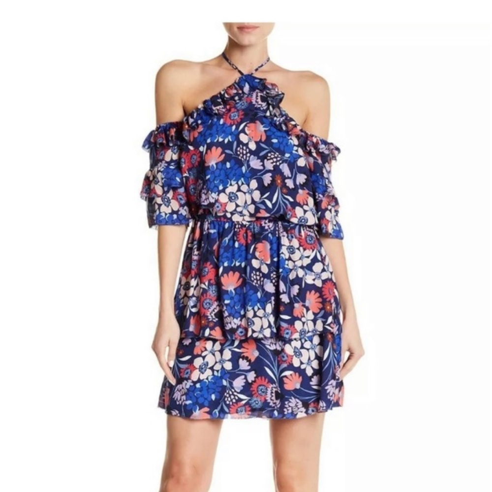Parker Lorenzo Floral Halter Mini Dress Blue Pink Size 2